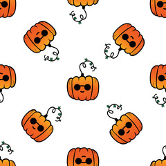 Cute doodle style pumpkin characters wearing sunglasses vector seamless pattern background for autumn, fall design.
