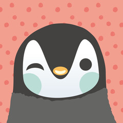 Bébé pingouin fait un clin d’œil et un sourire, petit animal mignon vivant dans le froid de la banquise, dessin simple avec un fond décoré de pois, joyeux et sympathique © ringococo