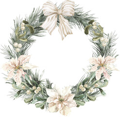 Festive Watercolor Christmas Poisentia New Year Tree Winter Wreath Frame Arrangement 