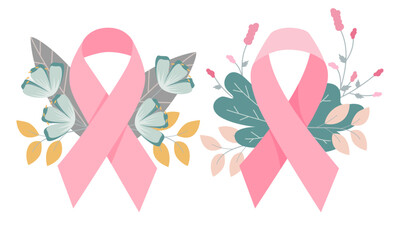 Breast cancer ribbons and flowers for banner or poster, Breast cancer day concept. flat vector symbols.