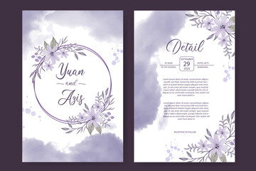 An elegant wedding invitation template with purple watercolor flower