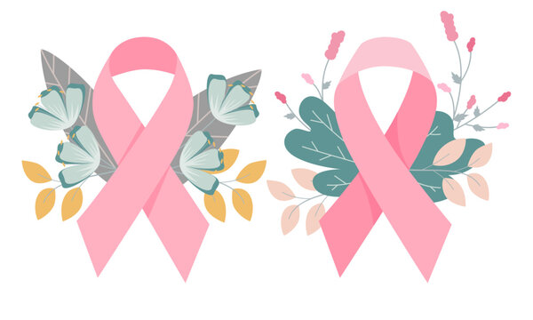 Breast cancer ribbons and flowers for banner or poster, Breast cancer day concept. flat vector symbols.