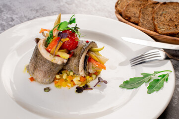 Boiled dorada fish fillet with vegetables. Healthy food. Vegetarian menu. Detox food