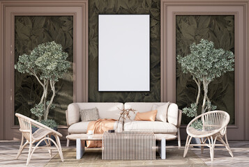 Mock up poster frame in modern interior fully furnished rooms
