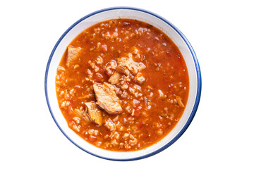 red tomato soup kharcho meat, rice cooking healthy meal food snack diet on the table copy space food background 