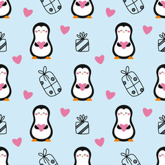 Cute penguin and pink heart. Blue seamless pattern. Tailoring of winter clothes and printing on fabric. Packing paper. Christmas and New Year. Gift in doodle style.