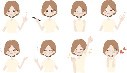 【おすすめ、ペン持ち、ガッツ、OK、どうぞ、手振る、美味しい】表情とポーズのバリエーションセット