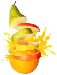 Refreshing fruit slices pile juice burst explosion isolated