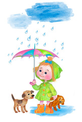 Girl with a teddy bear under an umbrella with a dog