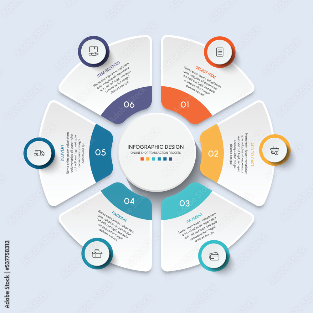 Poster process of online shopping with 6 steps. steps business timeline process infographic template