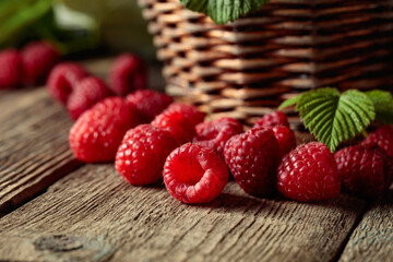 Ripe juicy raspberries with leaves.