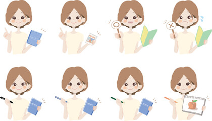 【本、漫画、マルバツ、絵を持っている女の子】表情とポーズのバリエーションセット
