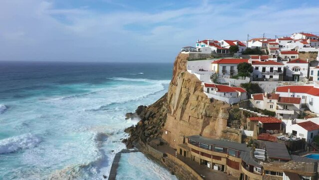 Wild Waves on the Cliffs of Azenhas Do Mar Village in Sintra AERIAL
