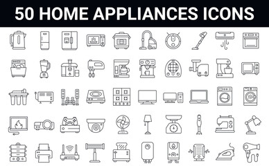 Set of 50 editable stroke home appliances line icons. Electronic equipment, cooking, cleaning, entertainment, body care. outline symbol collection.