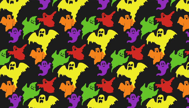 Halloween Ghost Seamless Pattern - purple, orange, green, red, and yellow ghosts on black background