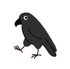 Funny black crow, raven bird cartoon isolated character. Cute vector hand drawn illustration.