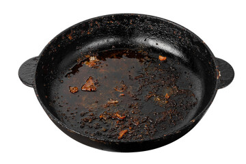 Dirty frying pan isolated on white background. A greasy dutch oven.