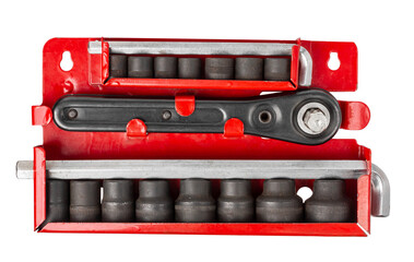 Socket wrench set isolated on white background. Socket wrench kit close-up.