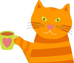 Orange funny cat with a mug of tea.