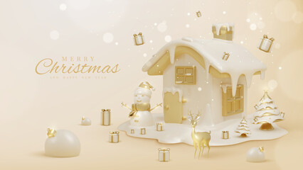 Fototapeta premium Luxury background with snowman with house and 3d realistic christmas ornaments and sparkling light effect with bokeh decorations and snow. Vector illustration.
