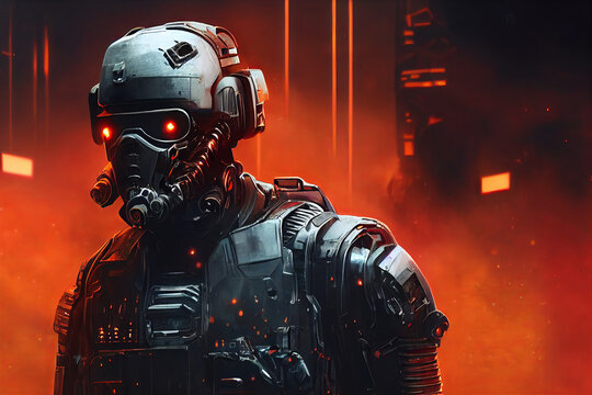 A futuristic soldier with a helmet in the night