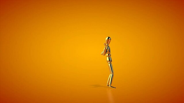 Funny golden mannequin dancing salsa, seamless loop, orange studio