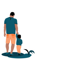 Back View Illustration of a young father holding his son are walking together. Backside of one Dad with one child holding hands and walking together Vector flat design style concept for Father‚Äôs Day.