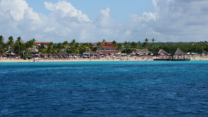 the beach view from the water between Playa Dominicus close to Bayahibe and Isla Saona in the Dominican Republic in the month of February 2022