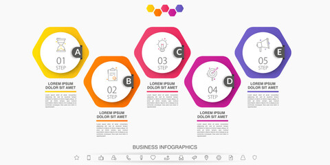 Infographics design vector template with circles and hexagons. Business marketing icons are used for 5 steps in diagram, workflow layout, annual report, bar, web design, illustrations
