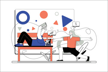 Digital Detox line concept with people scene in the flat cartoon design. Young people spend time reading and doing yoga without gadgets. Vector illustration.