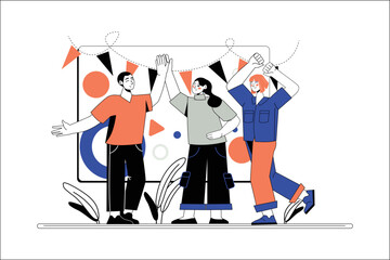 Line concept Happy people with people scene in the flat cartoon style. Team of people rejoice after successful work. Vector illustration.