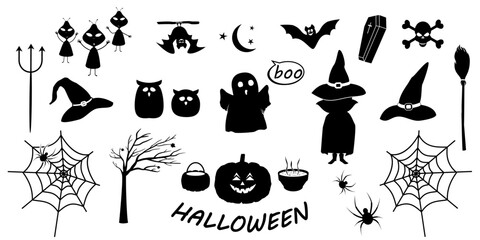 Elements of Halloween in black. Halloween pumpkin, spiders, skull, ghost and other festive attributes in black color. Black elements on white background. Halloween icons.