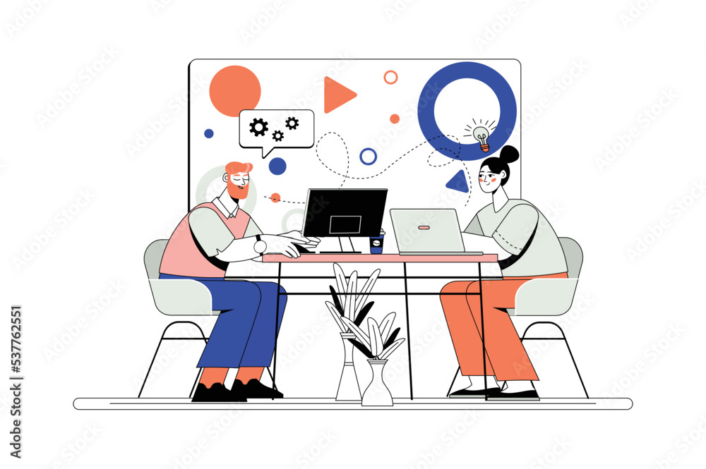Poster programming line concept with people scene in the flat cartoon style. two programmer are working on 