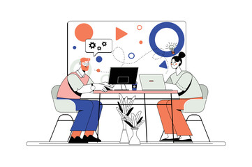Programming line concept with people scene in the flat cartoon style. Two programmer are working on the development of new programs. Vector illustration.