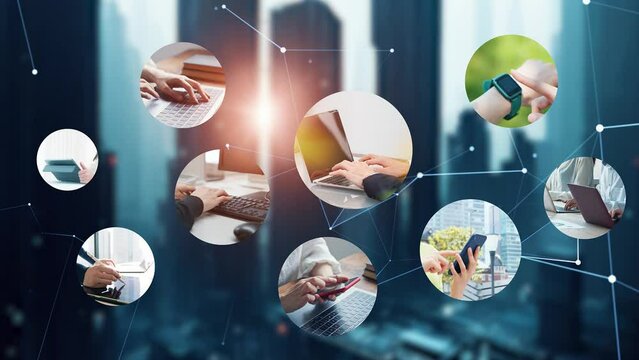 People using various mobile devices and communication network concept.