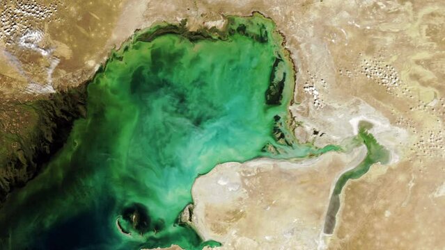 Global warming drought Caspian Sea time lapse shrinking view from satellite animation. Based on image by Nasa