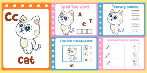 worksheets pack for kids with cat vector. children's study book