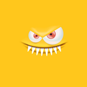 Vector funny angry orange monster face with open mouth with fangs and evil eyes isolated on orange background. Halloween cute and angry monster design template for poster, banner and tee print