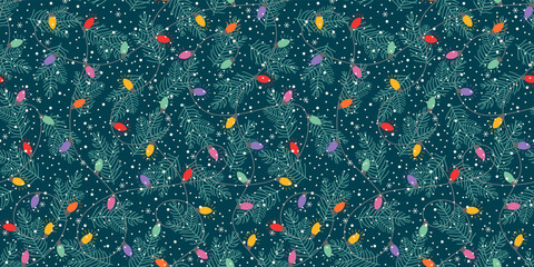 Seamless background Christmas tree and snowflakes, colored Christmas garlands design for gift wrapping paper. © sunshinys