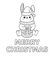 Merry christmas coloring book page, postcard, print. Cute rabbit in christmas hat opening gift box. Bunny cartoon character. Outline doodle vector illustration.