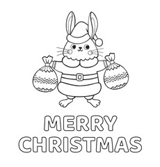 Merry christmas coloring book page, postcard, print. Cute rabbit in santa claus costume with gift bags. Bunny cartoon character. Outline doodle vector illustration.