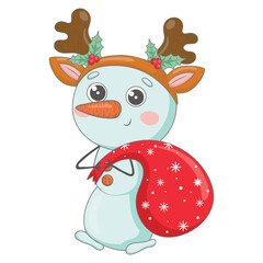 Cute cartoon snowman in a hoop with deer antlers and holly carries a red bag with Christmas gifts