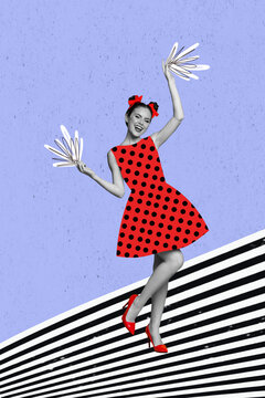 Composite collage picture image of excited cute young woman retro vintage dress party disco cheerleader have fun dancing drawing background