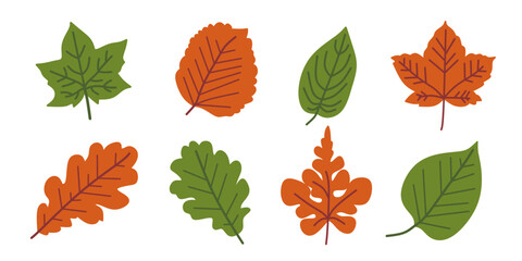set of green leaves and brown leaves icons on a white background. summer, spring. Herbs, plants, leaves.