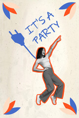 Composite collage image of dancing tiptoes boogie woogie young funny woman plug enjoy party...