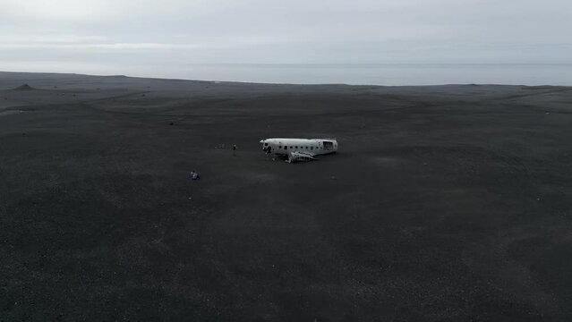 Remains Of Douglas Super DC-3 Airplane At Black-sand Beach In Solheimasandur, Iceland. - aerial
