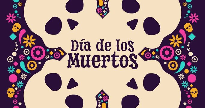 Inscription Day of the Dead in Spanish. Dia de los Muertos holiday concept. Flat holiday animation. Motion graphic design. Loop footage.
