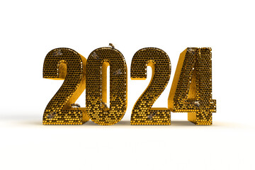 New Year's Eve hive with bee on honey comb  Shiny hexagonal gold number 2024 on a black background with bee.  All isolated as a banner for holiday. 3D rendering. - obrazy, fototapety, plakaty