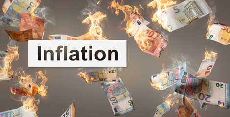 Inflation concept with burning Euro bills