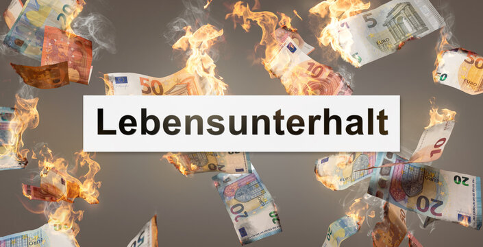 Hohe Kosten f&uuml;r Lebensunterhalt - Konzept mit brennenden Euro Scheinen